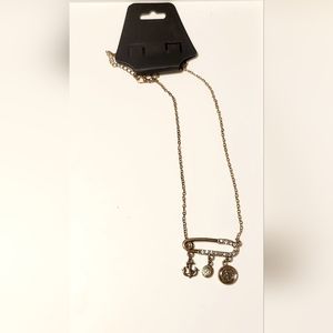 NWT GOLD ENAMEL BLING SAFETY PIN ANCHOR & COMPAS CHARM NECKLACE!